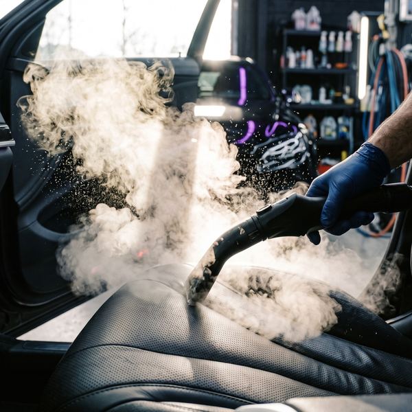 Dampfreinigung eines Autositzes bei der Innenreinigung von BLITZ BOX Leipzig