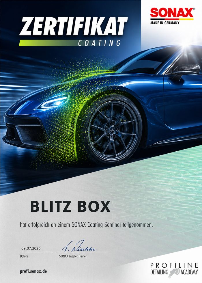 Zertifikat: BLITZ BOX hat erfolgreich am SONAX Coating Seminar der PROFILINE Detailing Academy teilgenommen, ausgestellt am 09.07.2026